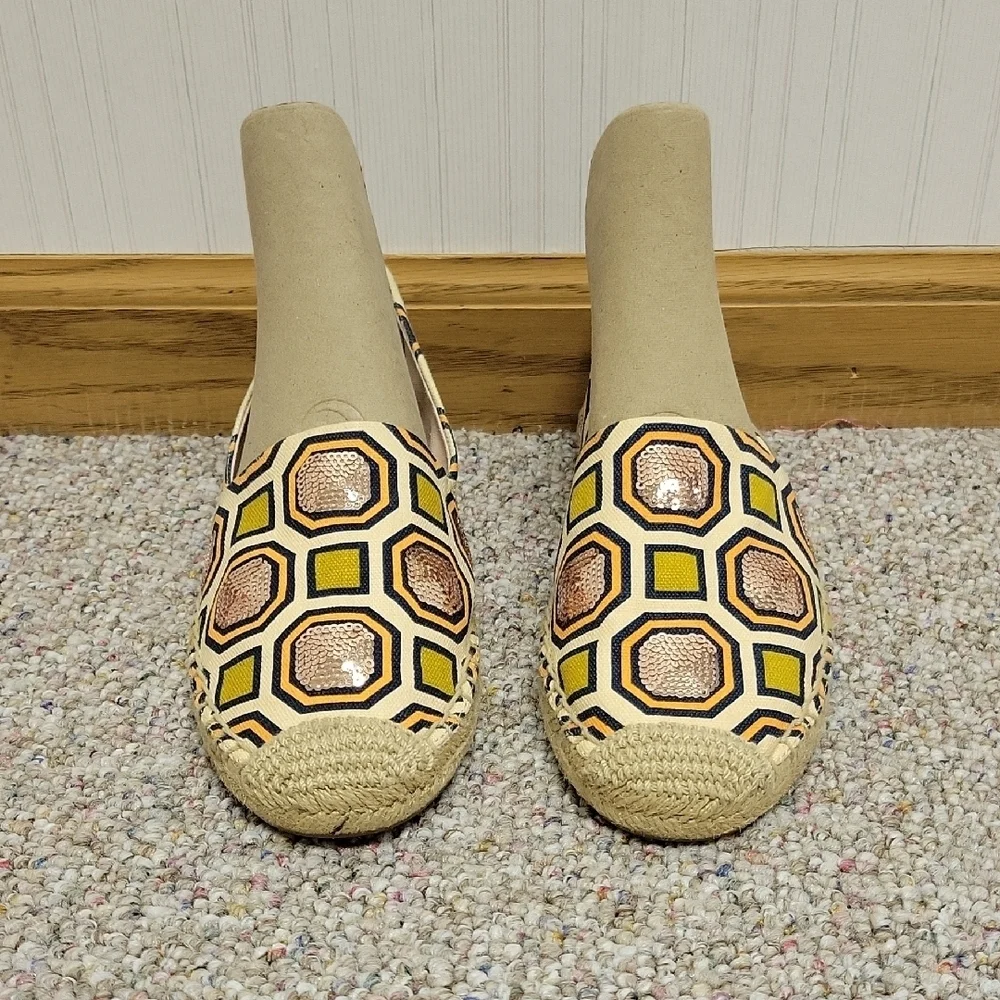 Tory Burch Yellow and Brown Cecily Sequin Espadrilles, Women's 7 Textile